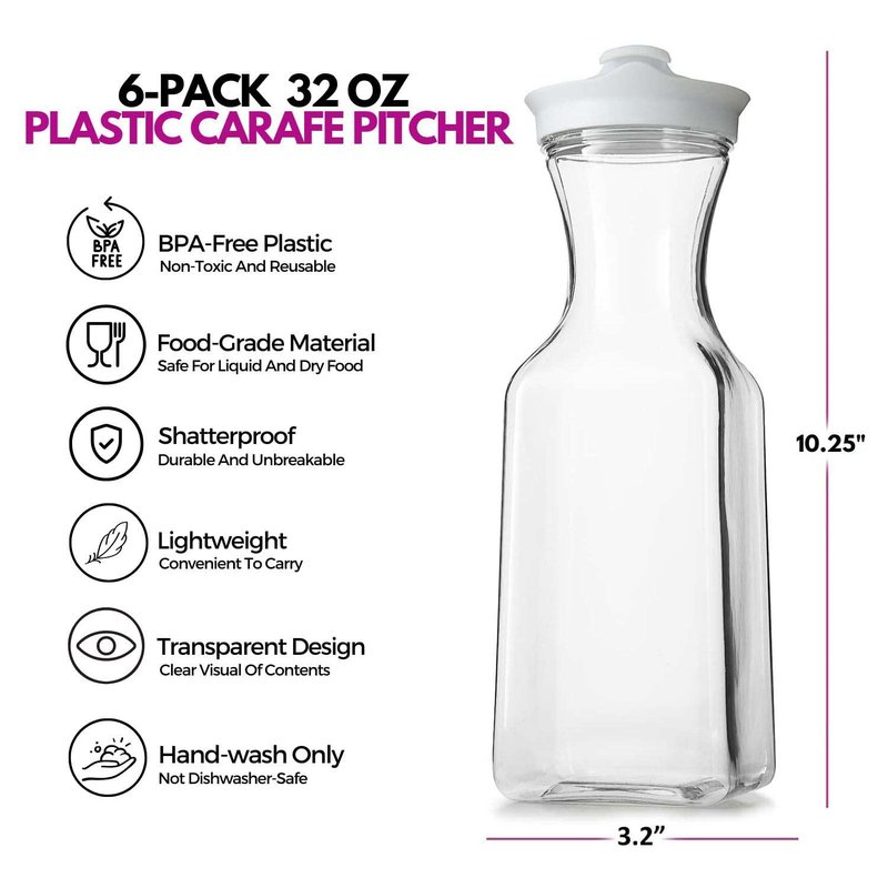 DilaBee Plastic Water Pitcher With Lid - Square Carafe Pitchers for Drinks, Milk, Smoothie, Iced Tea, Mimosa Bar Supplies - BPA-Free - NOT DISHWASHER SAFE (6-Pack, 32 Ounce)