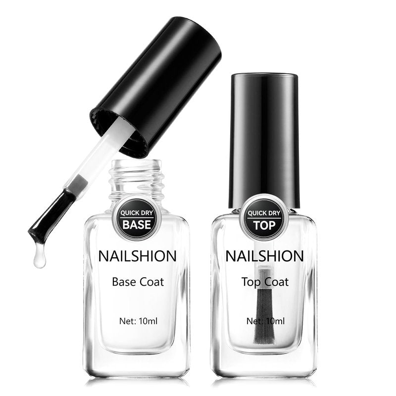 Nailshion Base Coat and Top Coat, Clear Regular Nail Polish, Rich in VE Calcium Quick Air Dry Nail Strengthening Non Gel, 2Pcs Vegan Base Chip Resistant High Shine Long-lasting Nail Art Gift Set