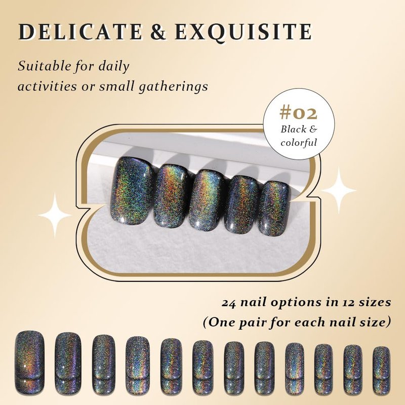Black Chrome Metallic Cat Eye Press-On Nails | Medium Square, No Glue, Iridescent Glitter for Women