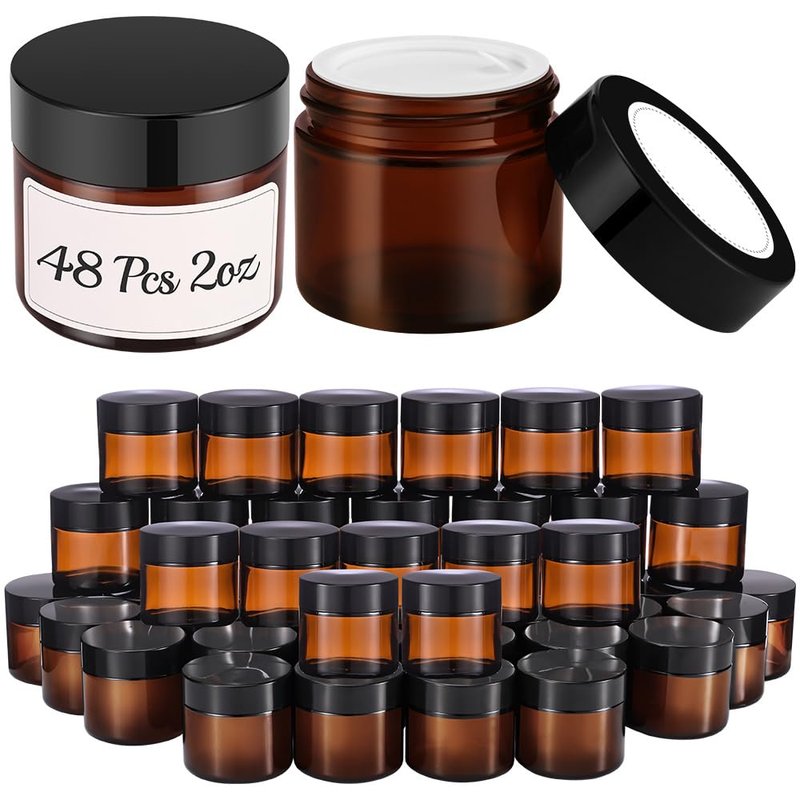 2 oz Glass Jars with Lids, 48 Pcs Bumobum Small Amber Glass Candle Jars with Black Lids, White Labels & Inner Liners, Empty Round Cosmetic Containers for Cream, Lotion, Slime, Ointment