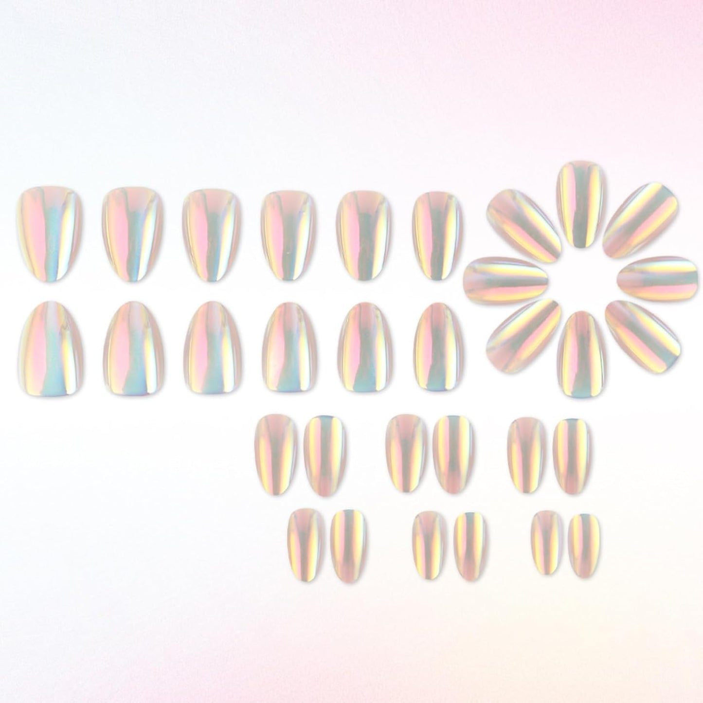 Skiennix Short Almond Press-On Nails - Chrome Metal Mirror Design | 32 Pcs Glossy Full Cover Acrylics