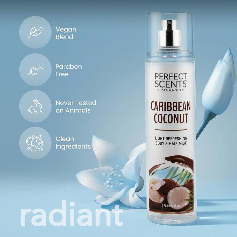 Caribbean Coconut Body & Hair Mist - Refreshing Vegan Spray, 8 Fl Oz | Paraben-Free, Infused with Panthenol
