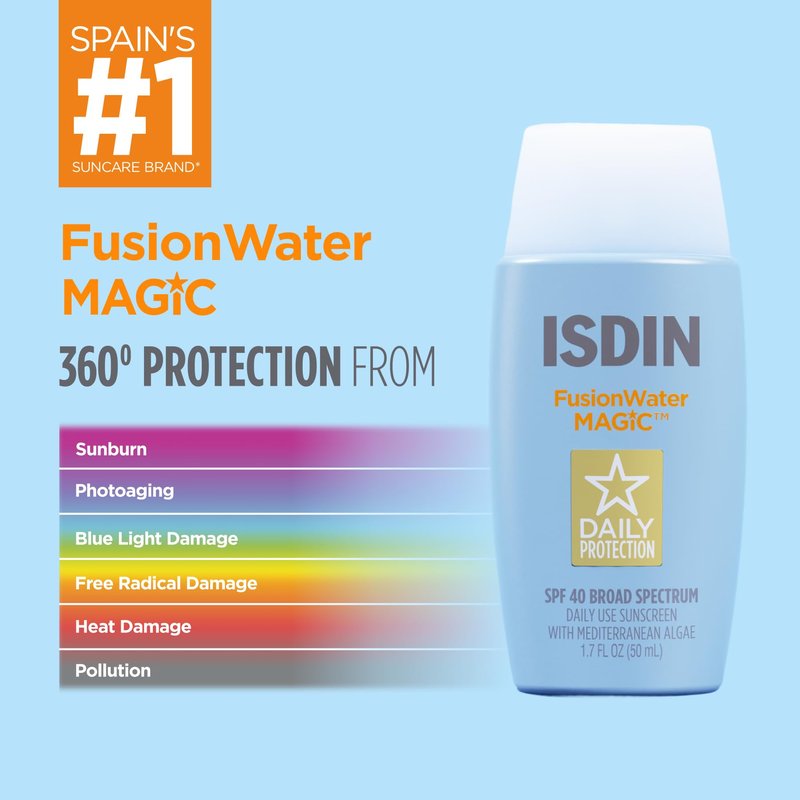 ISDIN Fusion Water MAGIC SPF 40, Lightweight Sunscreen For Face with Hyaluronic Acid and Vitamin E, Ideal for Daily Use, Dermatologist Recommended, Fast Absorbing and Non-Comedogenic, 1.7 Fl Oz