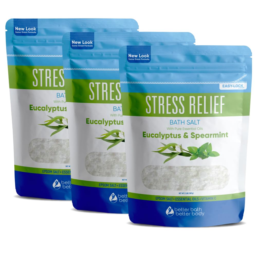 Stress Relief Bath Salt (3 Pack) Epsom Salt Relaxing Bath with Eucalyptus and Spearmint Essential Oils Plus Vitamin C Crystals in BPA Free Pouch Made in USA 2 lbs Pouches 6 Lbs Total