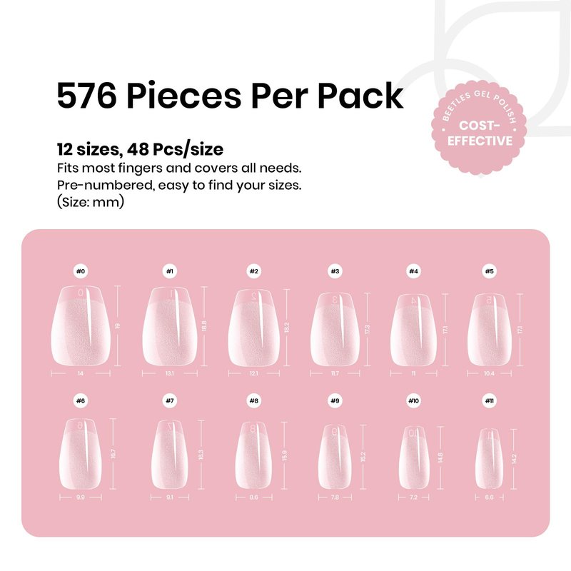 Beetles Gel Nail Tips Extra Short Coffin 576Pcs 12 Sizes - Pre-Etched Shaped Half Matte Soft Nail Tips Press On Nails Full Cover False Nails Acrylic Fake Nail Extension Kit Gift for Women