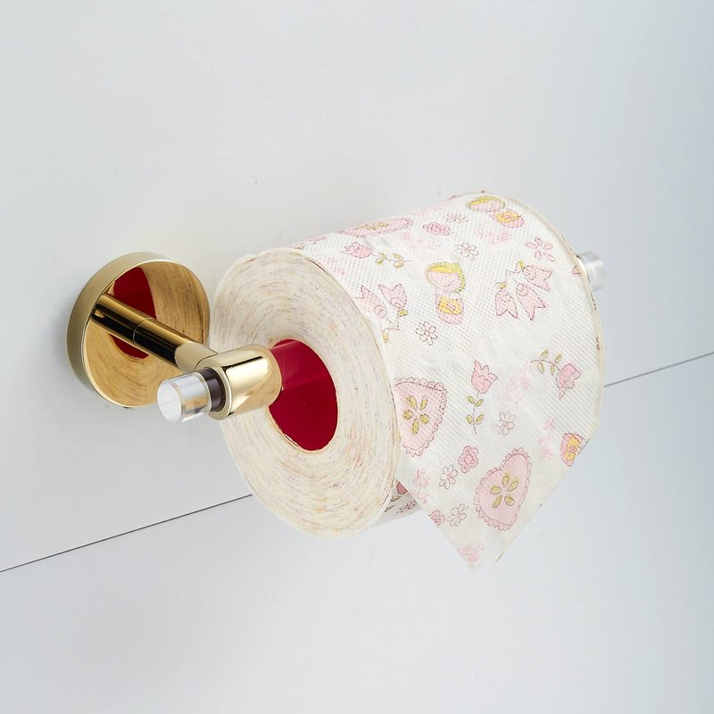Gold Acrylic Bathroom Accessories Set, Including a Wall-Mounted Towel bar, Towel Ring, Toilet Paper Holder, and Robe Hook. A 4-Piece Modern Acrylic Bathroom Hardware Fixture Set.