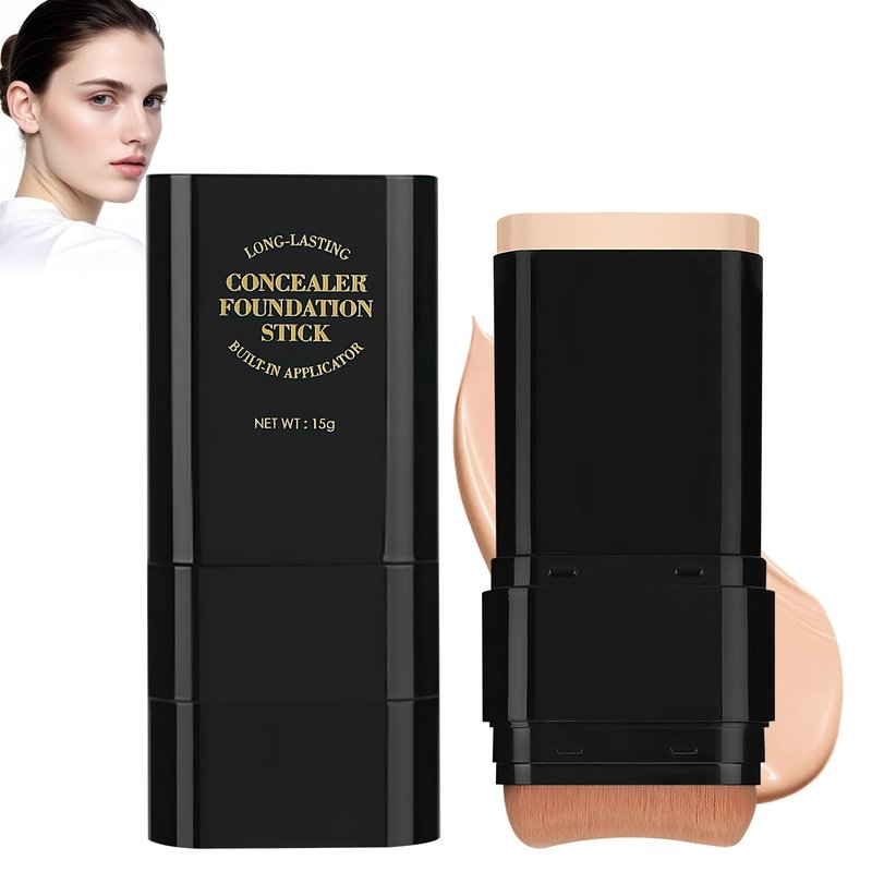 Long-Lasting Concealer Foundation Stick - Full Coverage 2-in-1 Contour & Brush | Natural Shade (02)