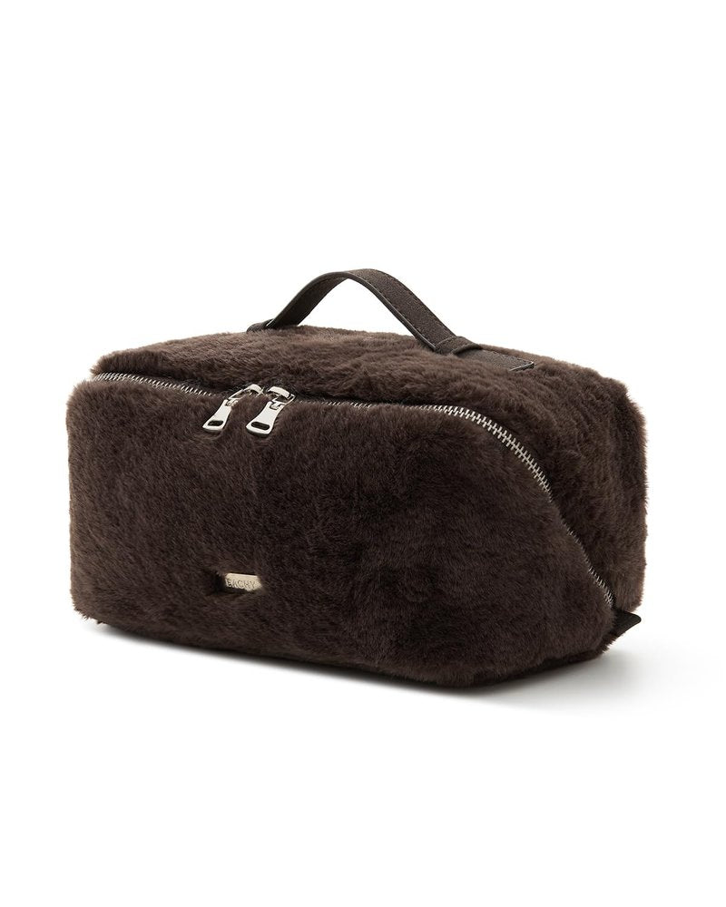 EACHY Travel Makeup Bag,Cute Faux Fur Cosmetic Bag for Women,Portable 180°Wide-Open Flat Make Up Bag,Large Capacity Makeup Pouch Make Up Organizer with Divider and Handle