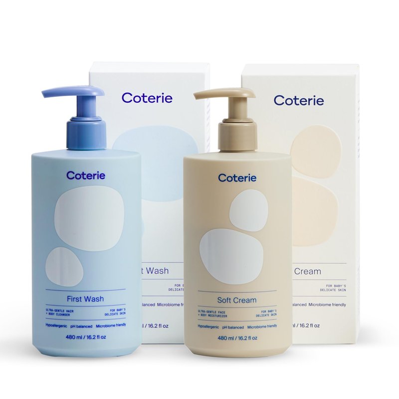 Coterie Baby Bath Skincare Essentials Set | 16.2 oz Shampoo + Body Wash, 16.2 oz Face + Body Lotion | Fragrance Free, Hypoallergenic, pH Balanced, Safe for Newborns & Sensitive Skin
