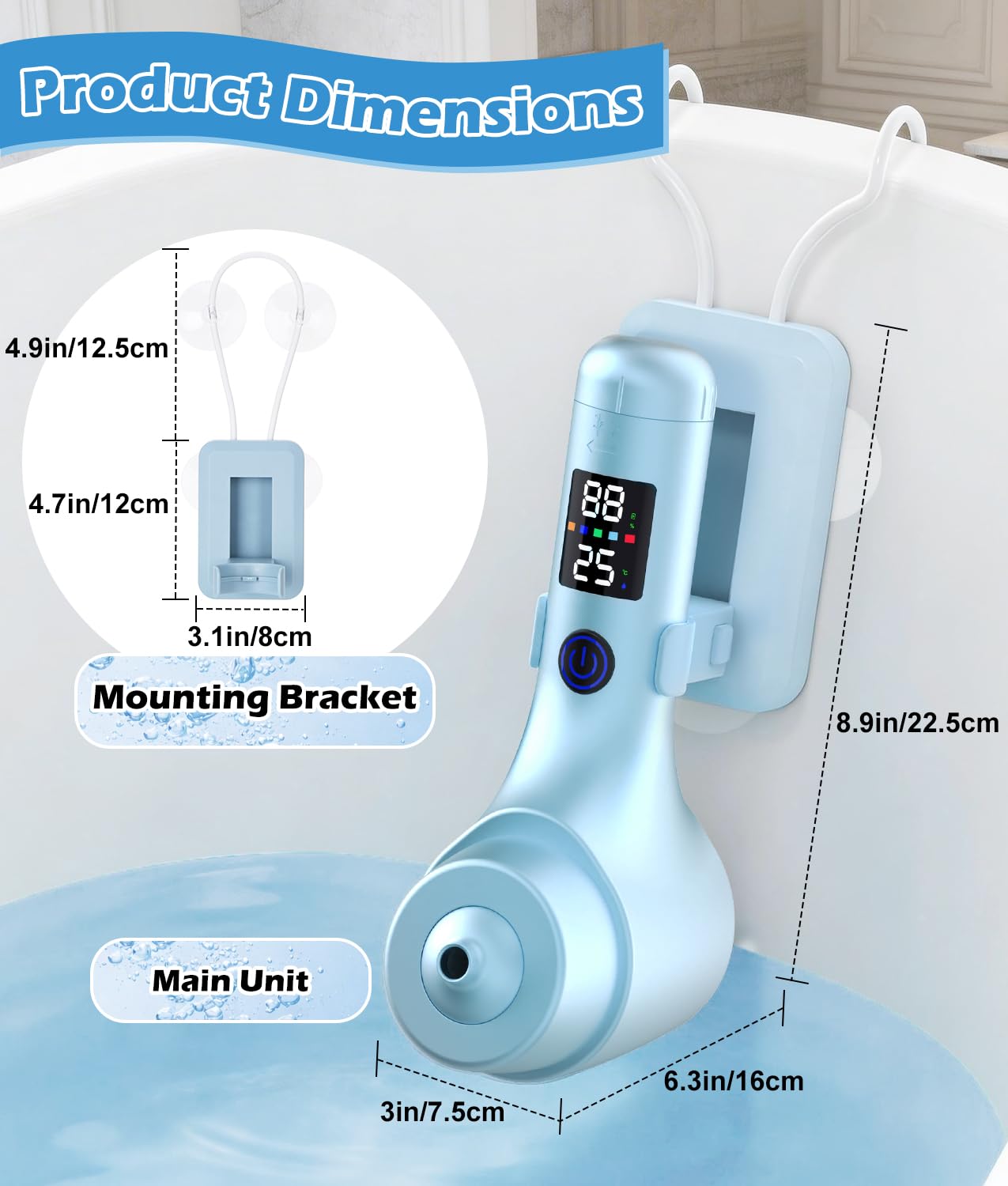 Bath Jet Spa for Tub, 10400mAh Rechargeable Bathtub Jet with Smart Temperature Sensor & LED Display, Portable Jet Spa with Bubble/Jet Mode & Adjustable Speed, IPX8 Waterproof for Daily Home Spa