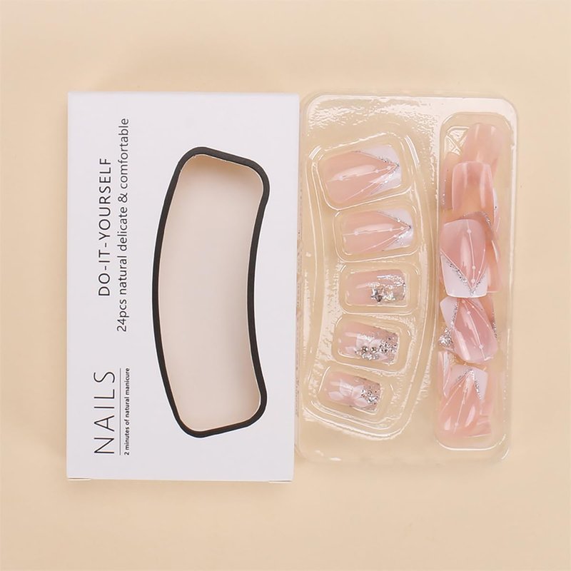 24pcs Short Square Press on Nails French Tip Fake Nails White Flower with Star Design Glitter False Nails Luxury Nail Charms Crafts White Stripes Glue on Nails for Women Manicure Tips
