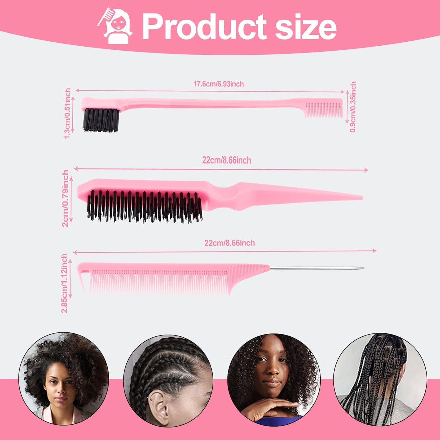 Sweet View Hair Brush Set - 3 Pcs Slick Back Brush, Rat Tail Comb & Bristle Brush for Kids' Ponytails & Edges