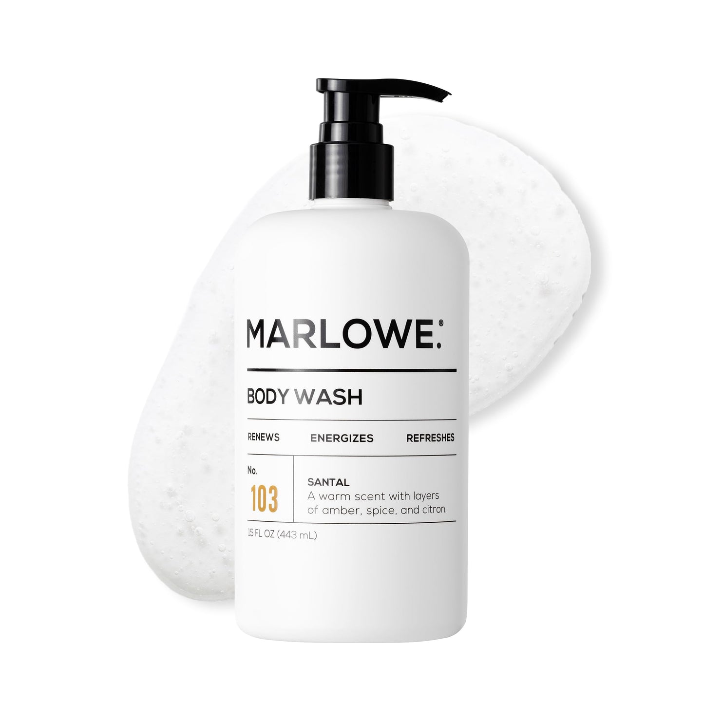 MARLOWE. Men's Body Wash, 15oz Pump, Energizing & Refreshing Shower Gel, Moisturizes, Nourishes, Clean Vegan Formula with Willow Bark & Green Tea Extracts, Warm Amber, Sandalwood & Citron Santal Scent