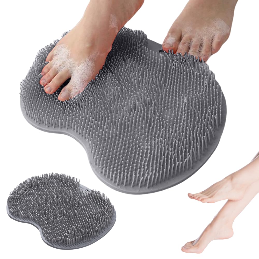Shower Foot Scrubber Mat with Non-Slip Suction Cups, Non Slip Bathtub and Shower Mat with Suction Cups and Drain Holes, Foot Back Cleaning Pad Back Washer Exfoliating Bath Wash Pad (Grey)