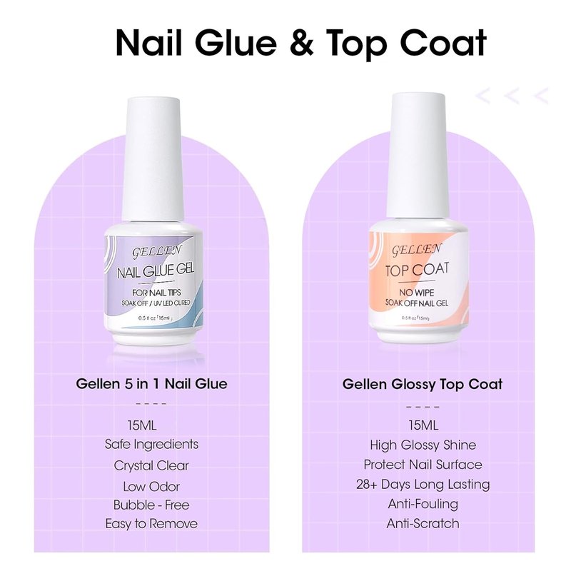 Gellen Nail Glue Gel - 5 in 1 UV Acrylic Nail Glue & No Wipe Top Coat | High Shine Finish for DIY Manicure