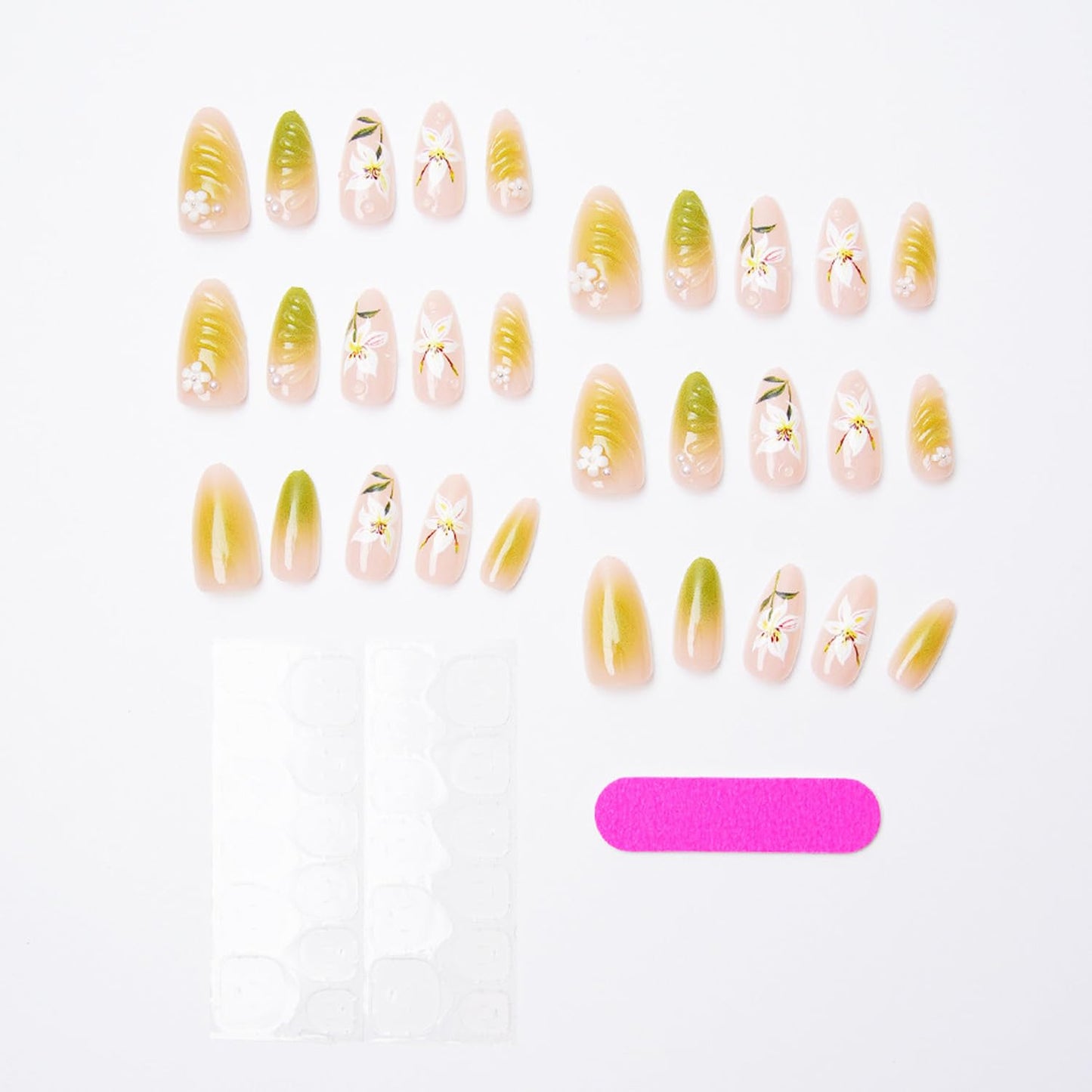 Spring Flower Press-On Nails - 30 Pcs Hand-Painted 3D Floral Design | Medium Almond Shape, Green Gradient