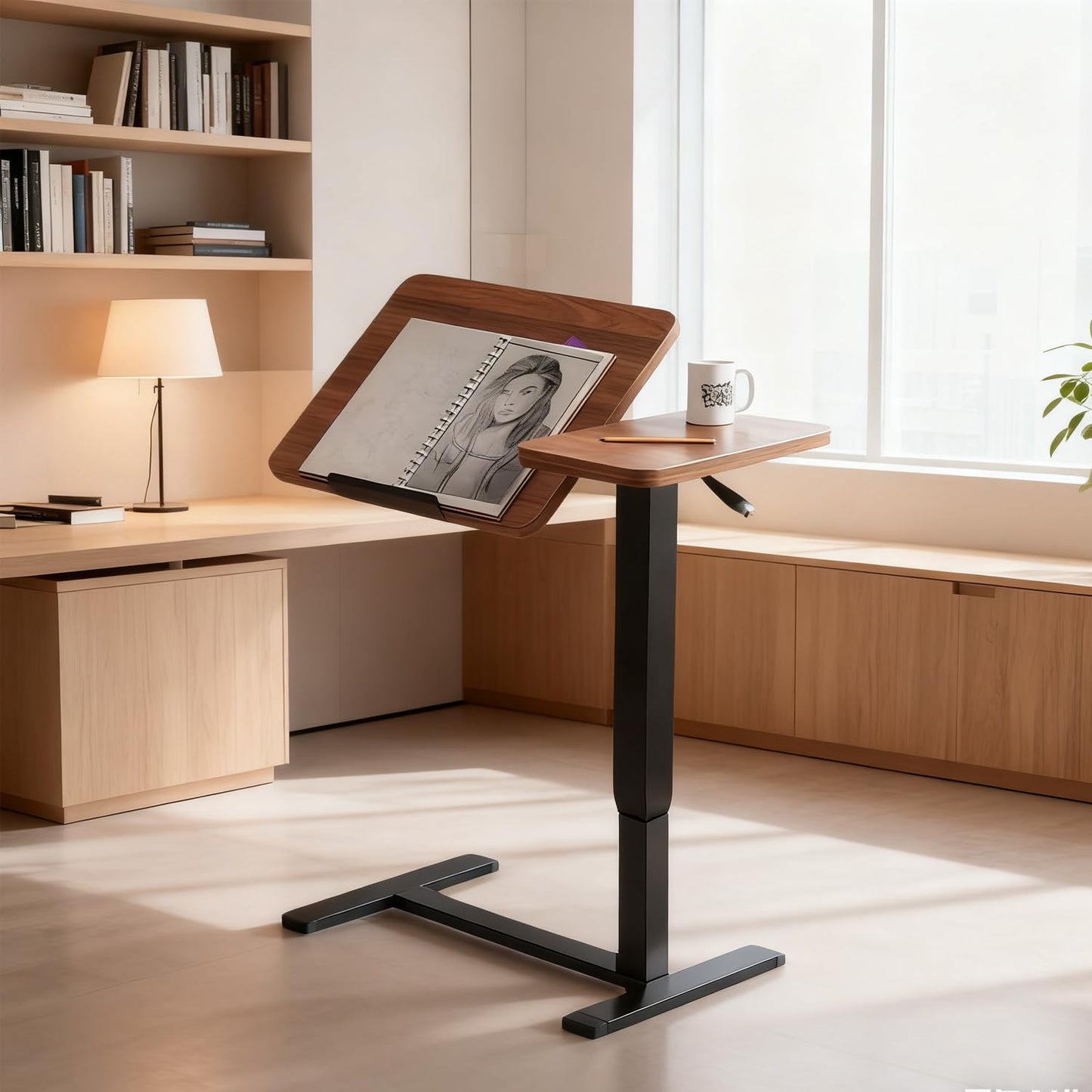 WSLUKVII Height Adjustable Overbed Table with Hidden Wheels, Medical Bedside Hospital Bed Table, Rolling Laptop Standing Desk for Home, Office and Hospital Use, Walnut