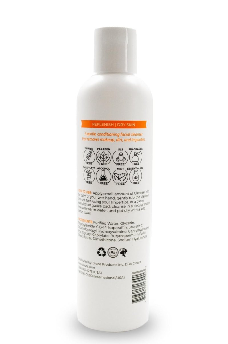 Gentle Face Cleanser for Dry Sensitive Skin - Hydrating pH Balanced Lotion with Shea Butter & Sodium Hyaluronate | 8 oz