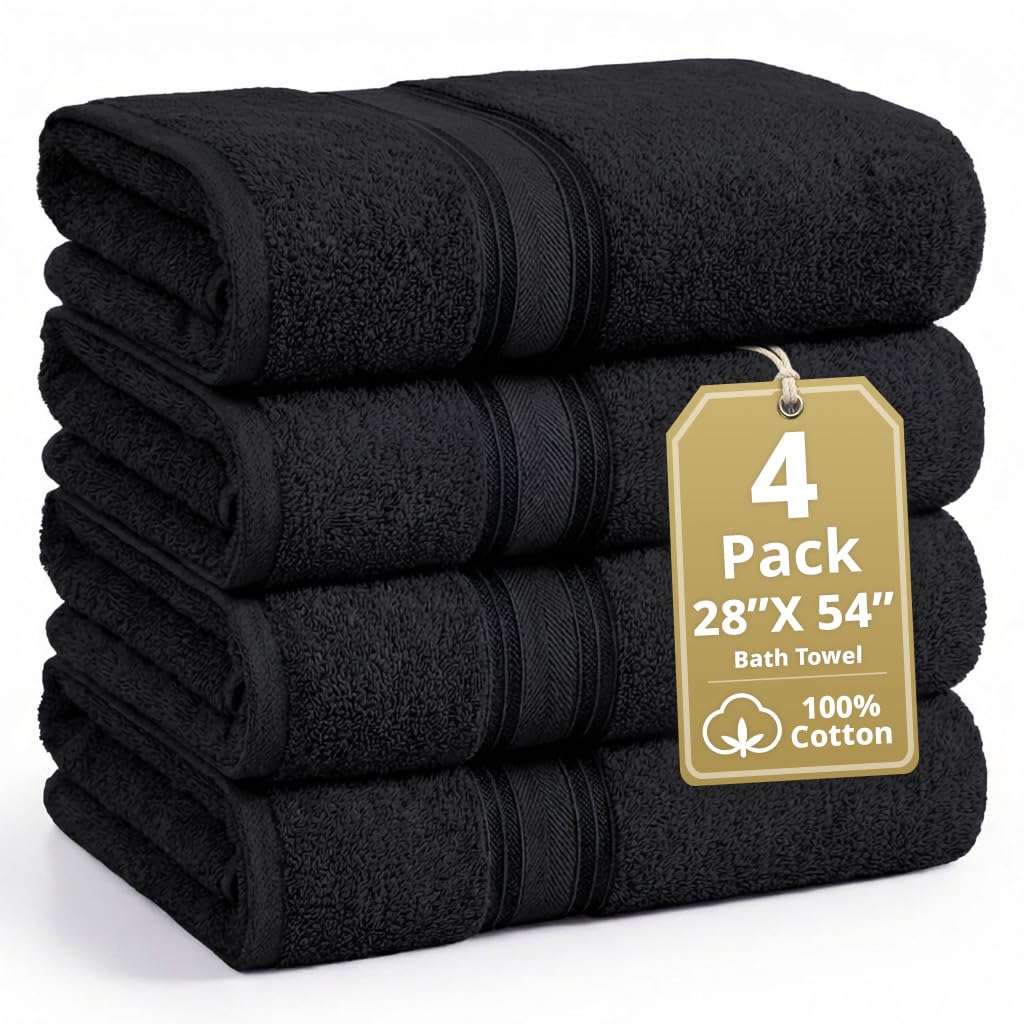 LANE LINEN 100% Cotton Bath Towels 4 Pack (28"x54") - Zero Twist, Mercerized Cotton Large Towel Set for Bathroom - Quick Dry, Soft & Absorbent Large Bath Towel Set - Oeko Tex Certified - Black Towels