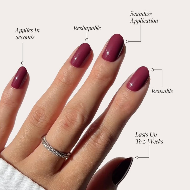 Glamnetic Press On Nails - Berry Maroon | Salon Quality Dark Red Short Round Nails - 30 Piece Kit with Glue