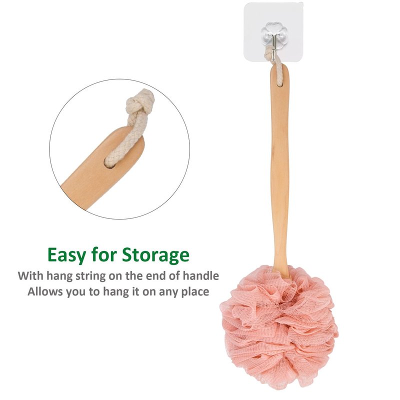 Arswin Loofah Back Scrubber for Shower, Wooden Long Handle Bath Sponge Lufa Shower Brush, Soft Nylon Mesh Back Cleaner Washer, Women & Men Exfoliating Luffa Pouf on a Stick for Body (Pink)