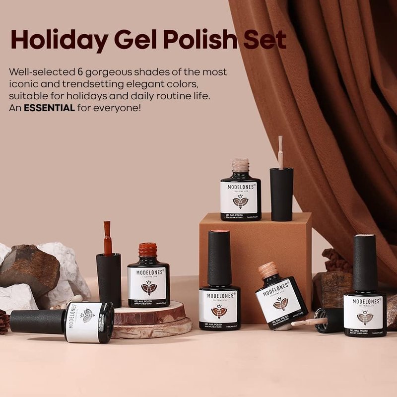 modelones Gel Nail Polish Set, 6 Colors Nude Brown Gel Polish Kit Glitter Champagne Gold Burgundy Wine Dark Red Nail Polish Soak OFF LED Manicure Nail Art DIY Home Salon Gift for Women