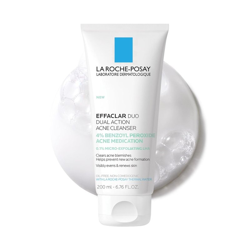La Roche-Posay Effaclar Dual Acne Face Wash - 4% Benzoyl Peroxide & LHA Exfoliant, 6.76 Fl Oz
