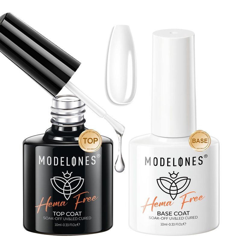 modelones Hema Free Gel Base Top Coat Set, 2 Pcs Clear Glossy Gel Nail Polish Long Lasting for Acrylic Nails Soak Off Nail Lamp Nail Art Home Salon Manicure Gift for Women