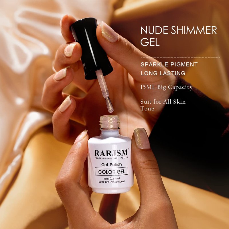 RARJSM Nude Gel Nail Polish - Apricot Gold Glitter Shimmer | Soak Off LED UV Curing, 15ml