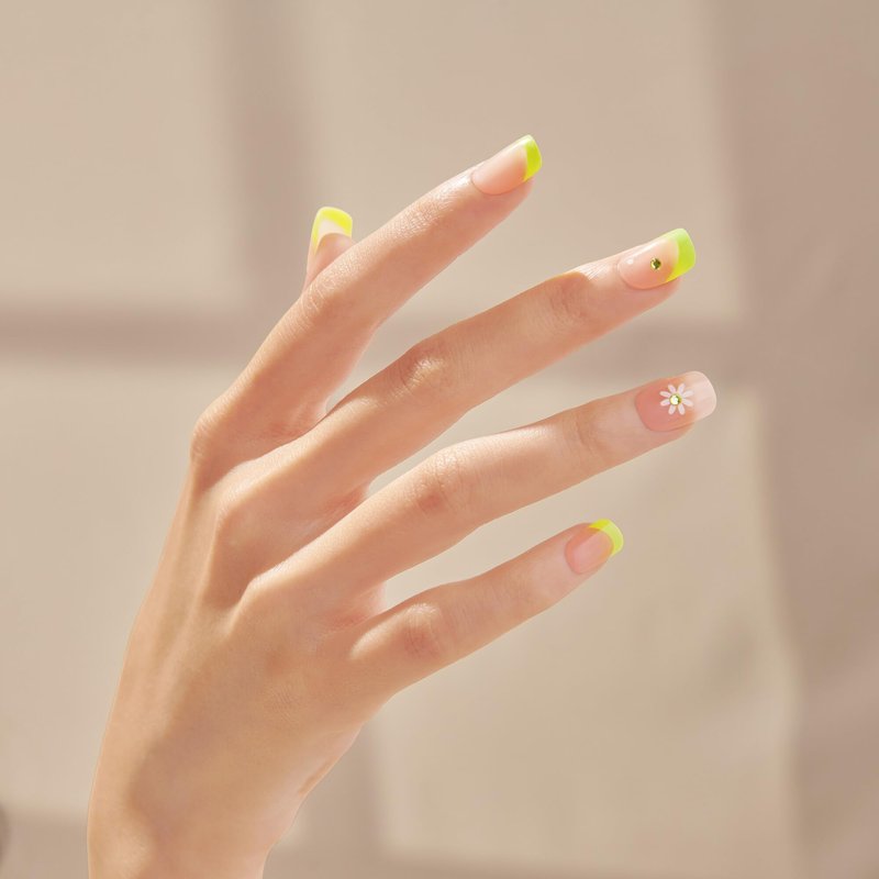 KISS Impress No Glue Mani 30 Pcs Press on Nails, Green French Tip with Flower Design, Squoval Shape, Simple Peel & Press Easy Apply, Hassle-Free Removal, Essential Tools Included