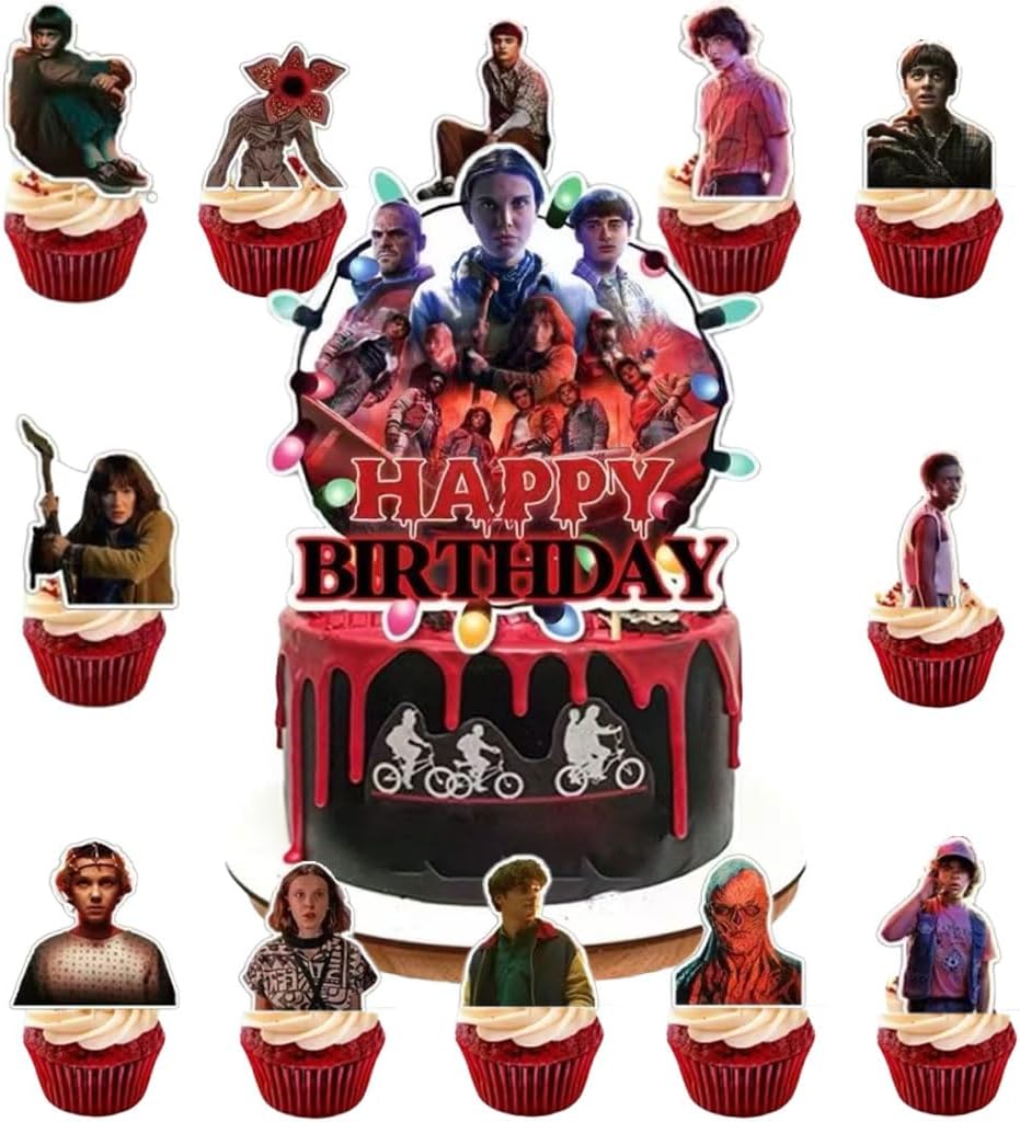Stranger Things | 13 Pcs Cake Decoration Set - 12 Cupcake Toppers & Happy Birthday Topper for Themed Parties