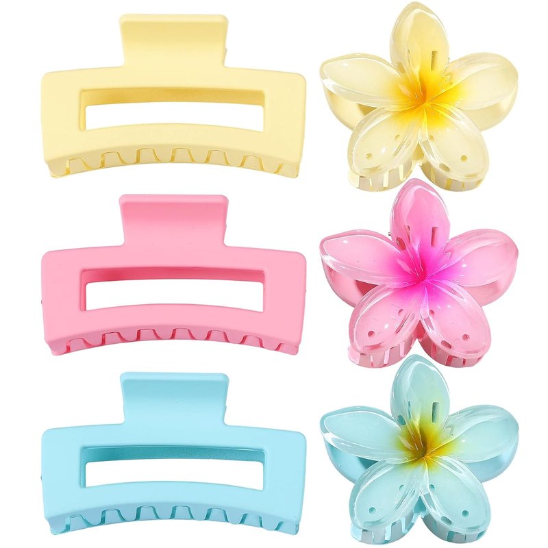 Flower Hair Clips - Square Claw Clips for Thick or Thin Hair | 6 PCS Hawaiian Hibiscus & Plumeria Set (Pink)
