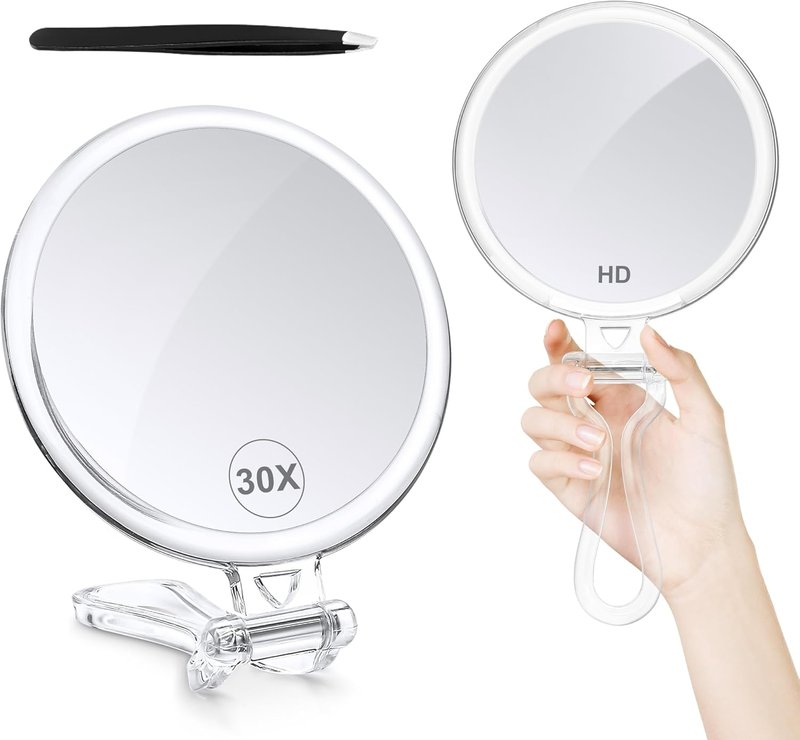 30X Magnifying Travel Mirror - Double-Sided 1X/30X Makeup Hand Mirror | 5 Inches with Handle