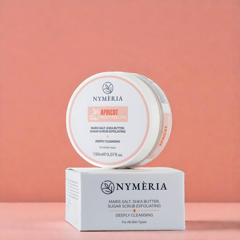 NYMERIA Apricot Body Peeling – Exfoliating Sugar & Salt Body Scrub with Shea Butter & Hyaluronic Acid, Deep Cleansing & Hydrating Formula for Smooth, Glowing Skin, 5 fl oz / 150 ml