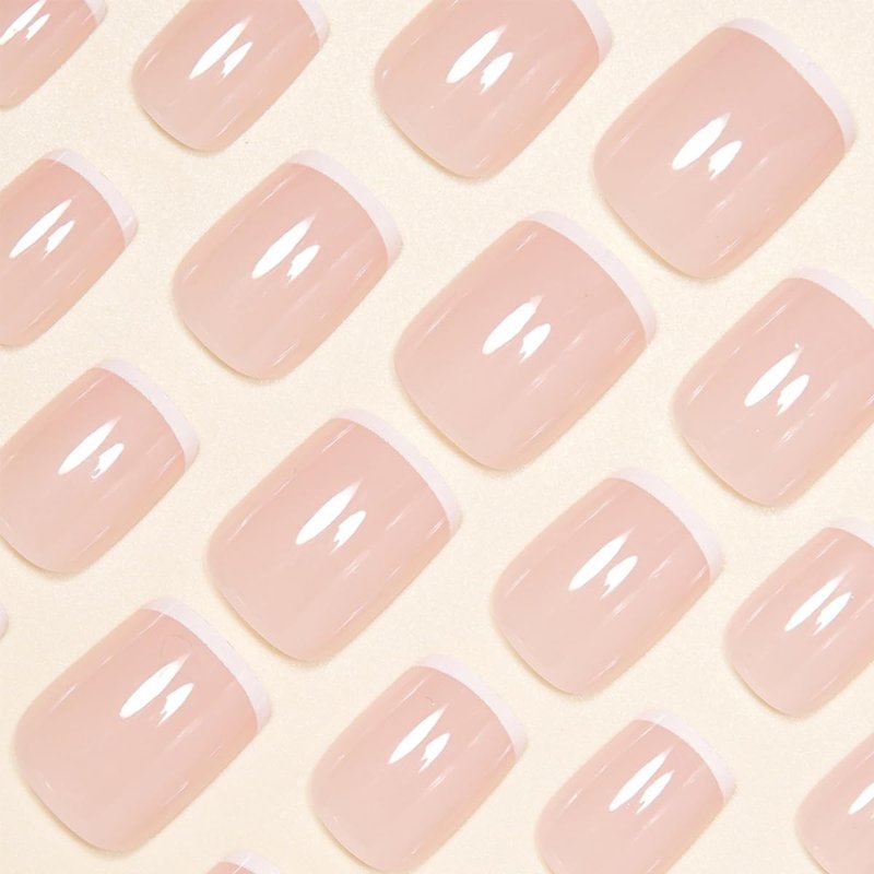 24Pcs Short Square French Tip Press on Nails Glossy Pink Fake Nails White Tips Full Cover Glue on Nails Reusable Acrylic False Nails for Women Salon Quality DIY Nail Art for Everyday Wedding Party