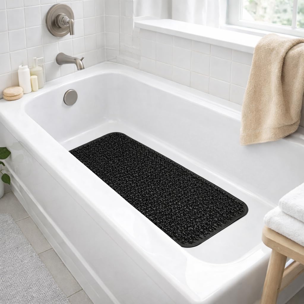 Grass Textured Spa Quality Foot Scrubber Shower Bath Mat Anti-Slip 24.5" x 13.5" Comforts Tired Feet Black