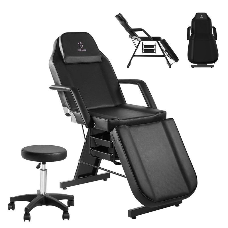LUXMARS Facial Chair, 73 Tattoo Chair for Client, 3-Section Adjustable Massage Table with Stool, Multipurpose Beauty Beds Salon Equipment for Esthetician, Tattoo Shop, Spa (Black)