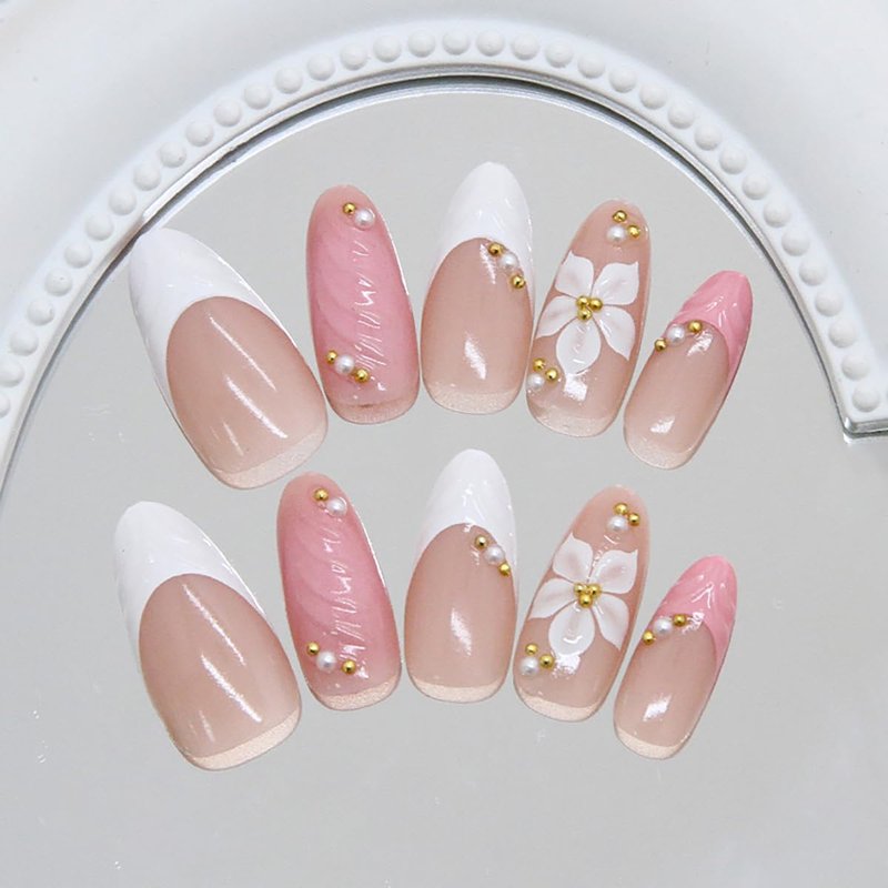 30Pcs 3D Pink Press on Nails Almond Medium False Nails White French Tip Fake Nails with Gold Bead Flower Rhinestones Design Cute Glue on Nails Artificial Spring Flower Acrylic Nails for Women Manicure
