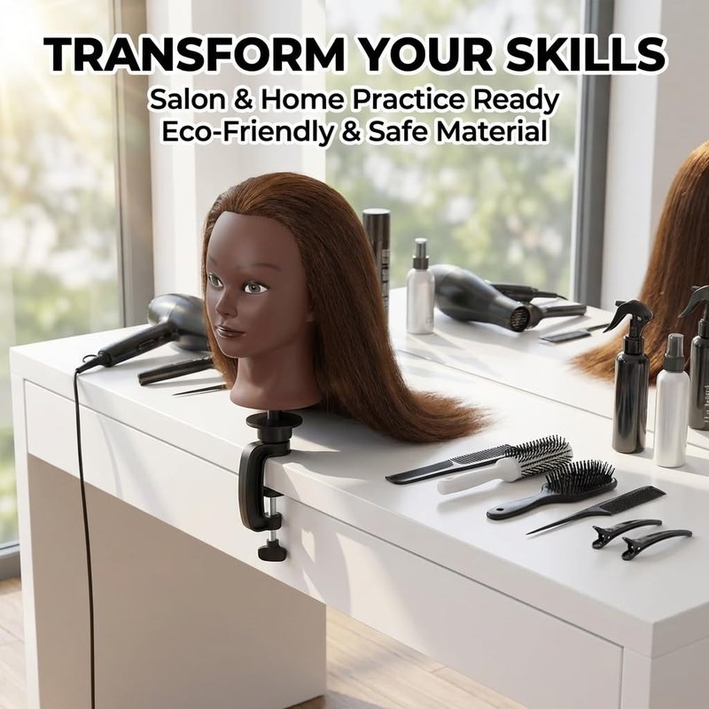 100% Real Hair Mannequin Head Training Head Manikin Cosmetology Doll Head for Hairdresser Practice Braiding Hair Styling with Clamp stand (18inch)