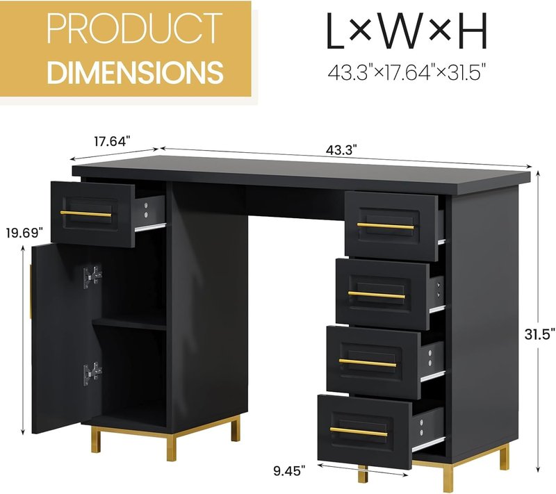 Black and Gold Nail Tech Desk - 43 Inch Manicure Table with 5 Drawers & Storage for Beauty Salons | Wooden Salon Spa Furniture