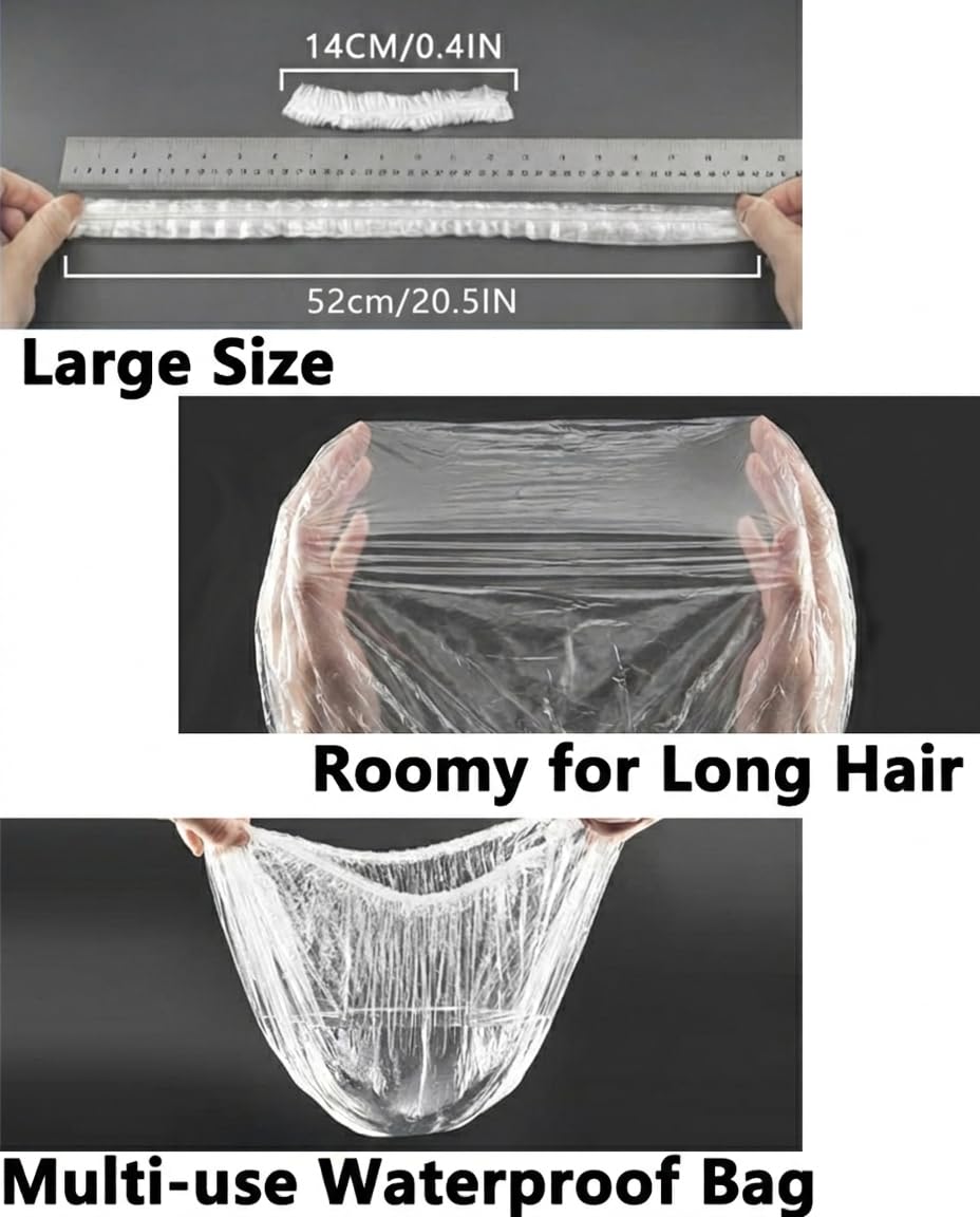 Aquior Shower Cap Disposable, 50 PCS Bath Caps Larger Thick Clear Waterproof Plastic Elastic Hair Bath Caps for Women, Hotel Travel Essentials Accessories Deep Conditioning Hair Care Cleaning Supplies