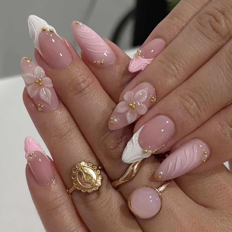 Skiennix 24Pcs Pink Flower Press-On Nails - Short Almond French Tip with 3D Floral Design & Gold Beads