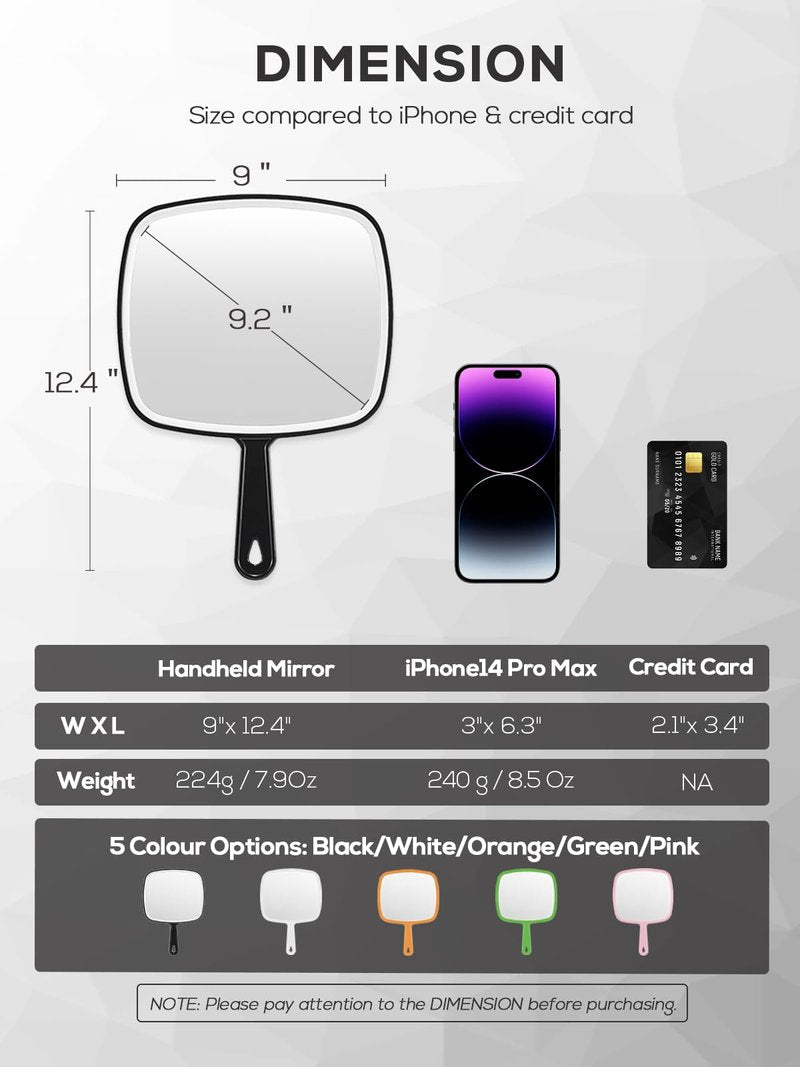 BEFUI Extra Large Handheld Mirror，Hand Salon Mirror with Handle for Barbers, Hairdressing (Black，12.4" Lx 9" W)