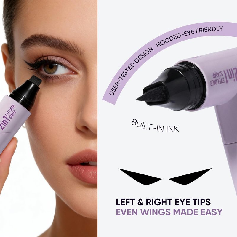 2CHILL 2-Pack Rotating Eyeliner Stamp Pen, Dual-Ended Winged Eyeliner Stamp, Cat Eye Tool, Waterproof & Smudge-Proof, Long-Lasting Make up, Matte Finish, Liquid Eyeliner for Beginners, Black & Brown