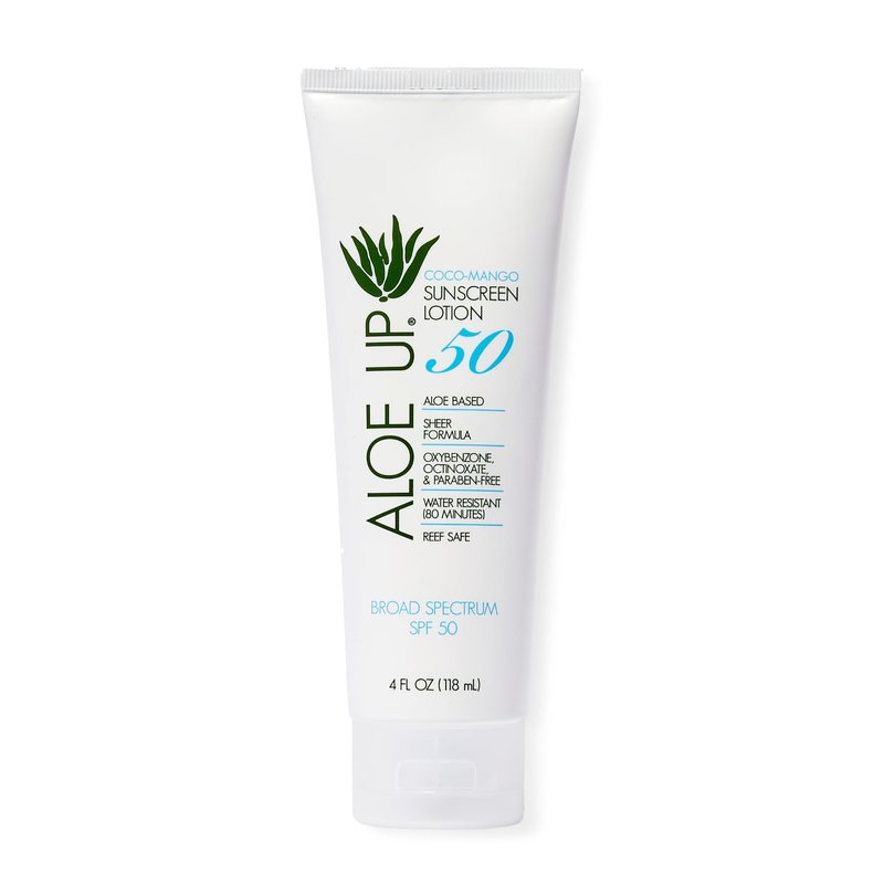 Aloe Up White Collection SPF 50 | Sunscreen Lotion for Face & Body with Aloe Vera Gel | Water Resistant up to 80 Minutes | Reef Friendly, Non Greasy, Fast Absorbing | Coco Mango Fragrance 4 Oz