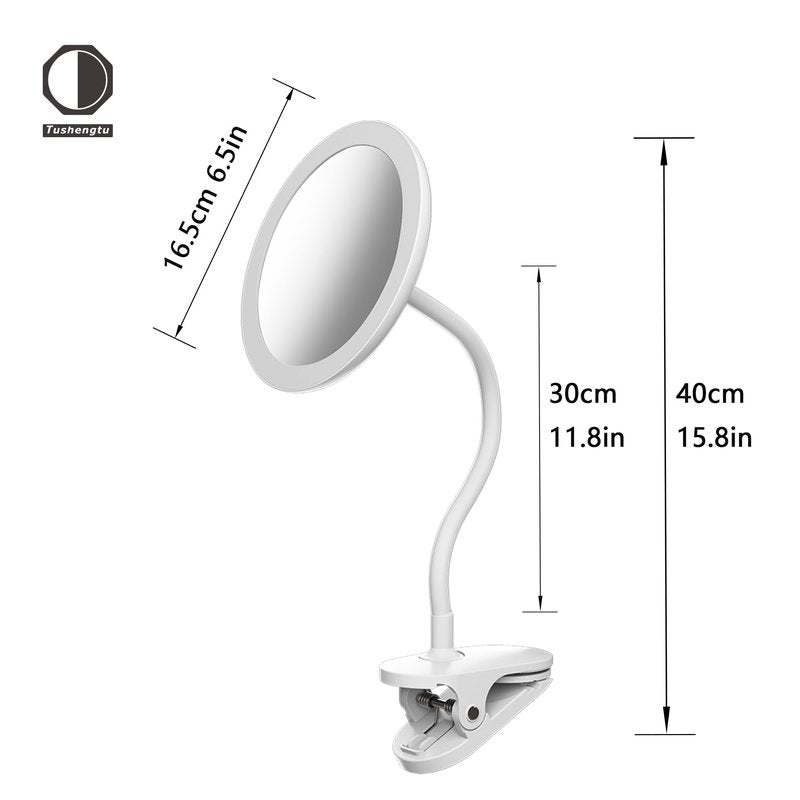 10X Magnifying Clip on Makeup Mirror Gooseneck, 6.5" Vanity Mirror with Light, 2000mAh USB Recharge 360° Rotating,Clip On Gooseneck Magnifying Vanity Mirror with Light,Travel Makeup Mirror (White 10X)