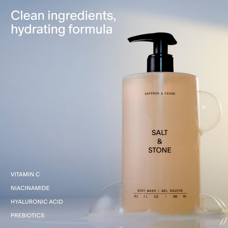 Salt & Stone Body Wash - Antioxidant-Rich Formula for Deep Moisture | Unisex, Sulfate & Paraben Free, Saffron & Cedar, 15.2 fl oz