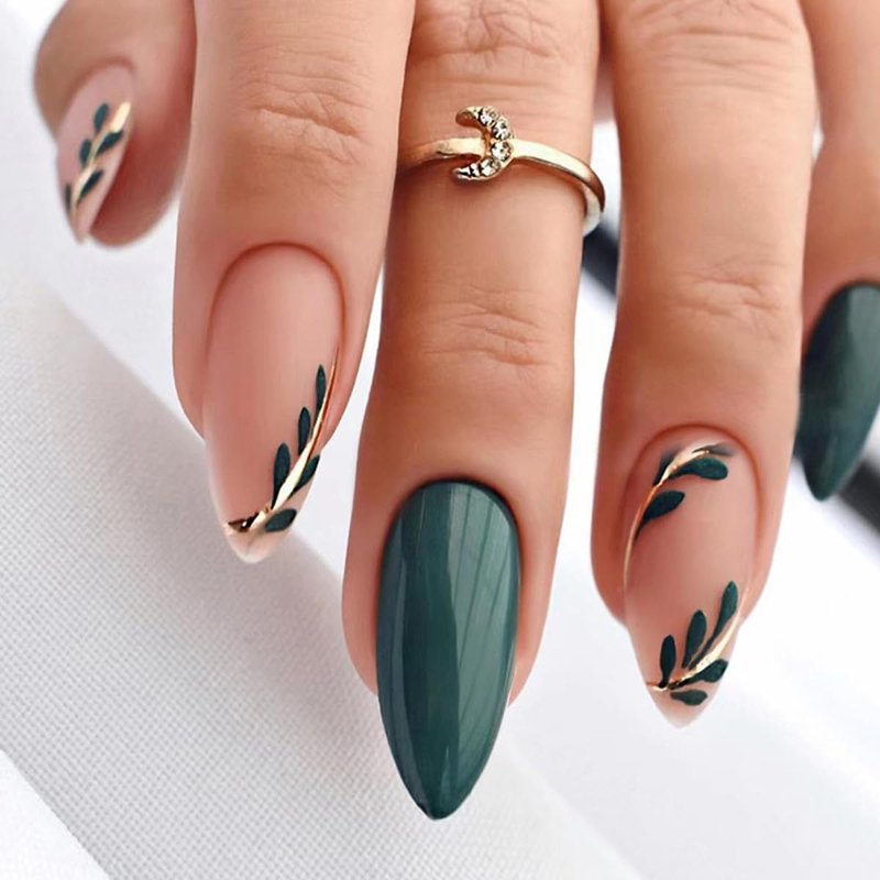 Almond Press on Nails Leaf Design Green Fake Nails Full Cover Glossy Glue on Nails for Women Manicure 24PCS