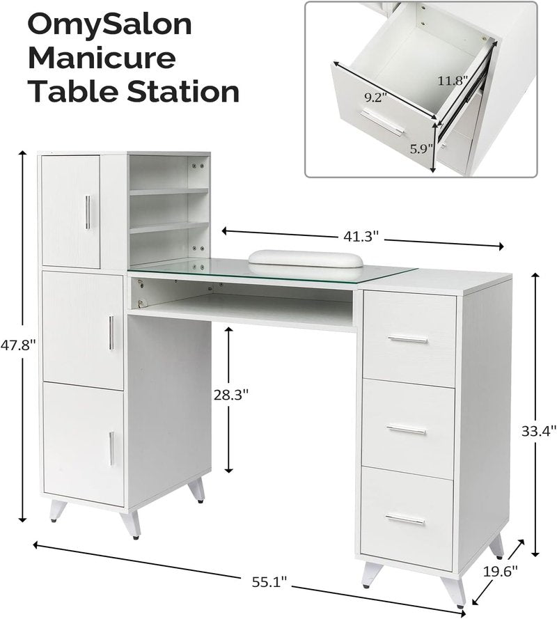 OmySalon Manicure Table Nail Desk for Nail Tech w/Glass Top & Wrist Rest, Beauty Salon Nail Supplies Decor Workstation Acetone Resistant w/3 Side Cabinet+3 Drawers+3 Layers Open Cabinet+1 Open Drawer
