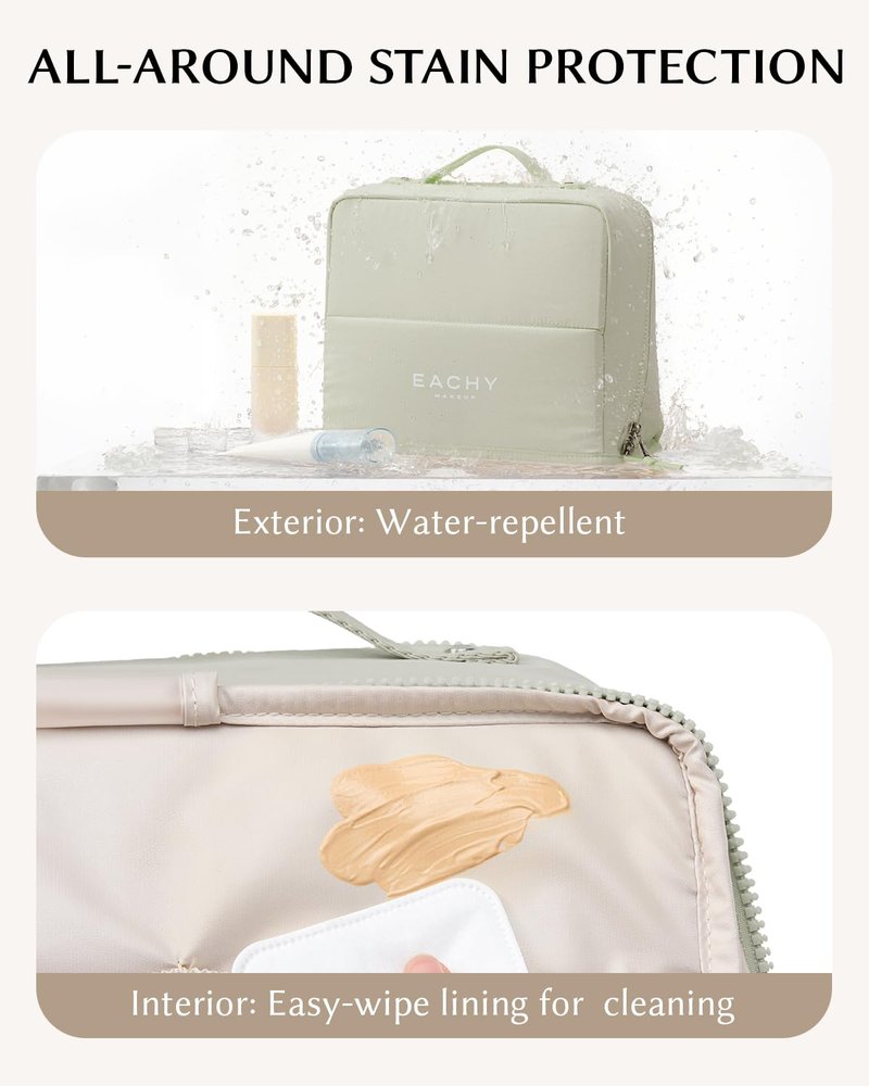 EACHY Standing Makeup Bag - Large Waterproof Cosmetic Bag & Toiletry Bag Organizer with Phone Holder, Detachable Dividers, Wipe-Clean Brush Pouch for Women